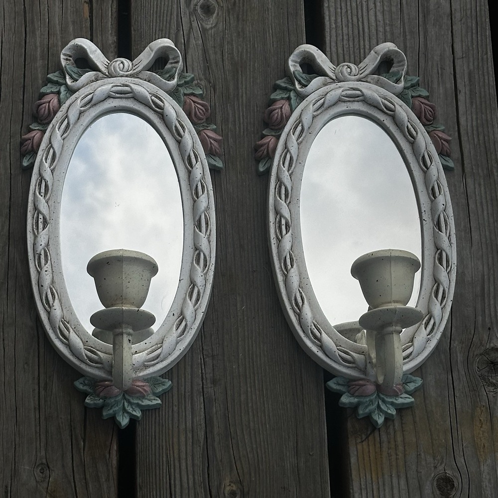 Vintage 2x white Wall Sconce‎ Candle Mirror White w/Pink Flowers Bows Coquette